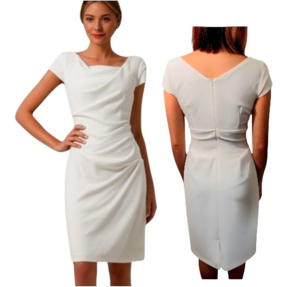 ADRIANNA PAPELL White Ruched Cowl Neck Sheath Dress - Size 8